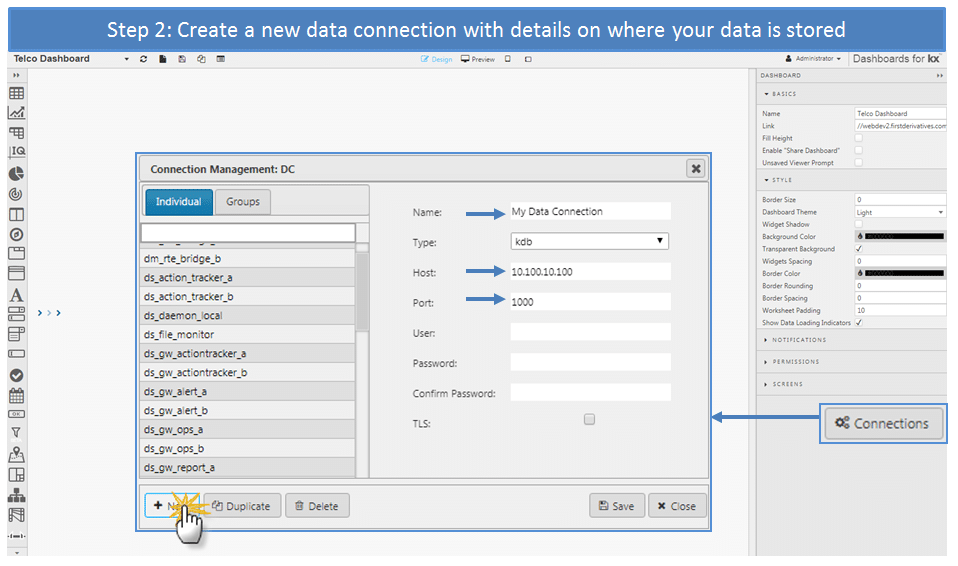 Step 2: Create a New Data Connection With Details on Where Your Data is Stored - KX