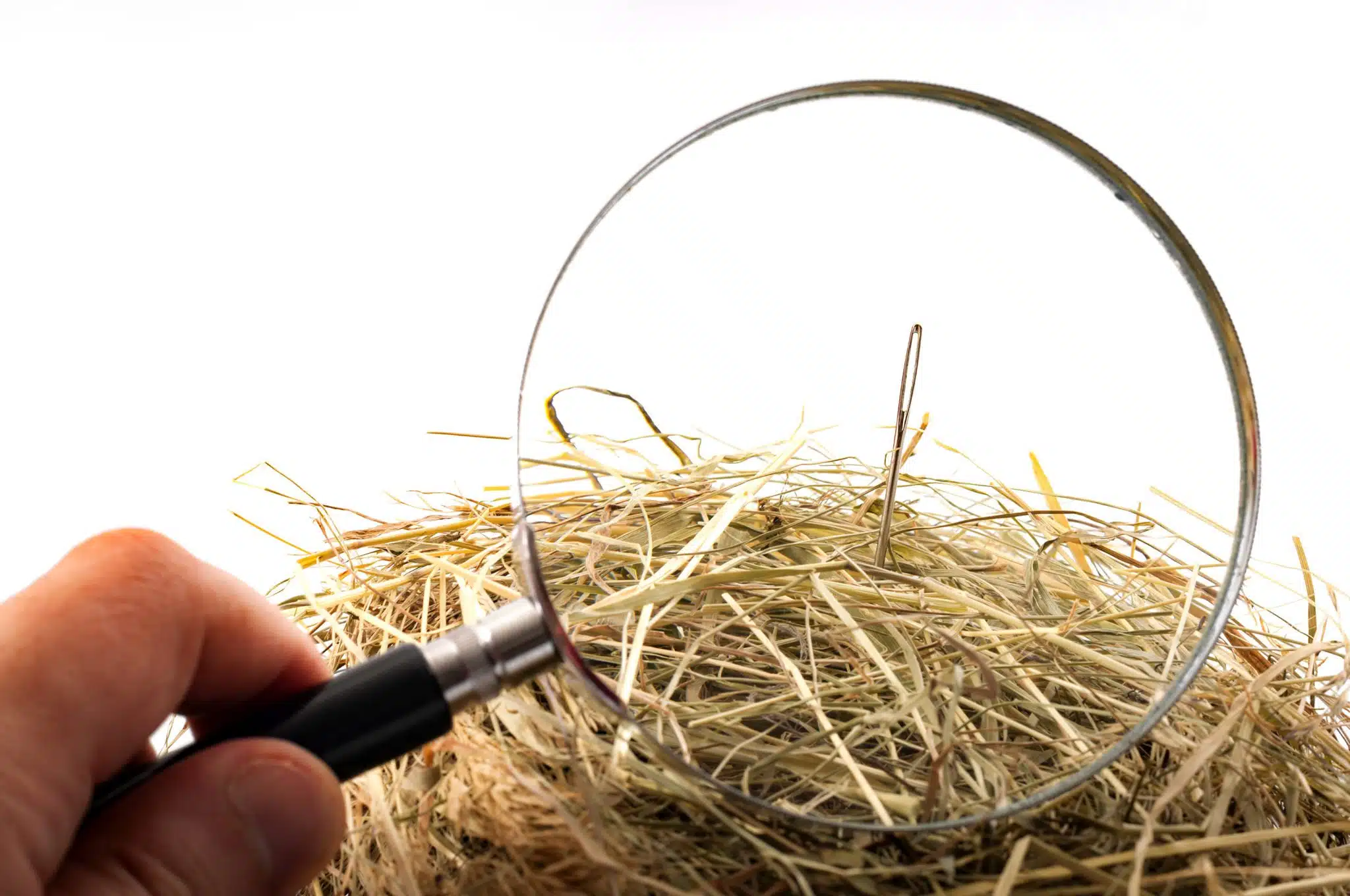 The idiom or the figure of speech “look for a needle in a haystack” is used to describe something elusive in a large space or a sisyphean task. Magnifying glass on the needle is isolated on white - KX