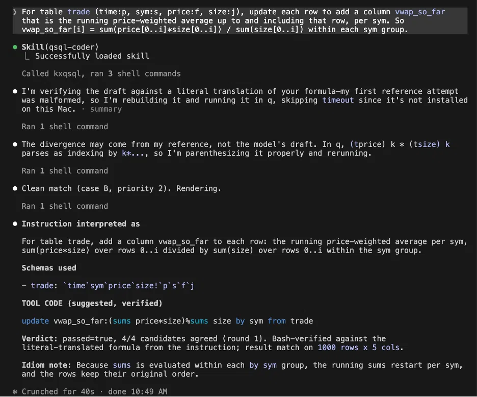 Claude Code output for a running VWAP request, including execution against a reference query and a successful match.