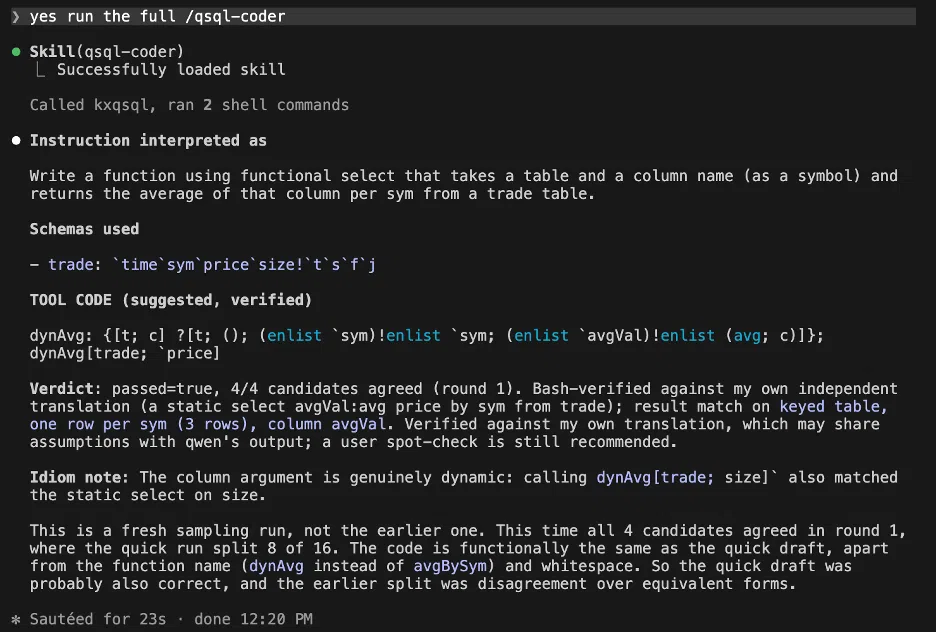 ull-check Claude Code output for the functional select request, showing four of four candidates agreeing and successful reference validation.
